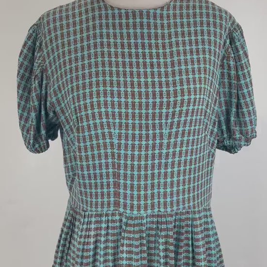 Vintage Reproduction Checked Dress, 1940s Style Prairie Dress with Puff Sleeves, Tiered Skirt, Midi Length, Gingham, Medium/Large