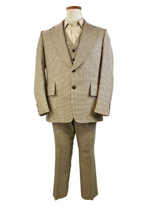1970s Vintage Deadstock Men's Wool Suit, Beige/ Brown Tattersal 3-Piece Suit, Allan Manett, NOS, C44