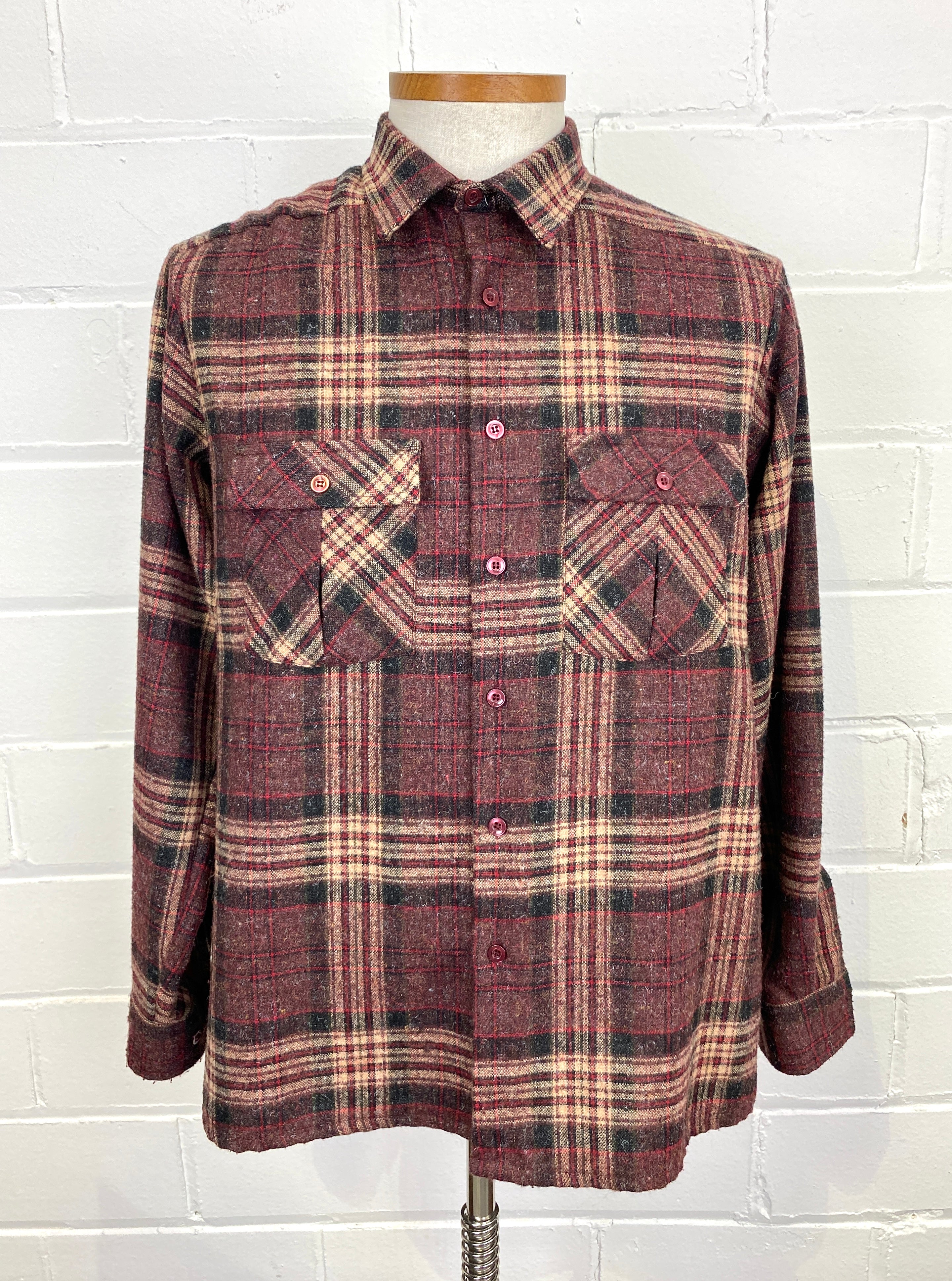 Vintage 1980s Men's Wine Plaid Poly-Wool Button-Up Shirt, Large