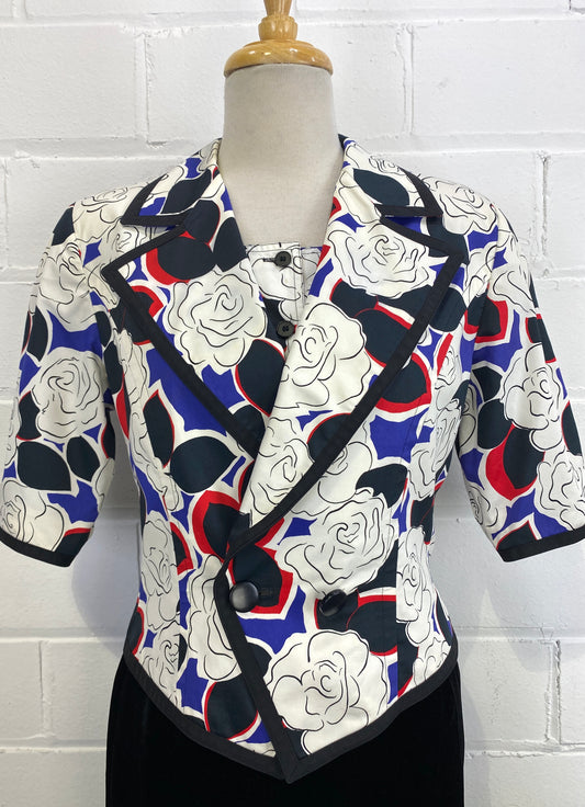 Vintage Mid-80s Guy Laroche Abstract Floral Cropped Cotton Jacket and Blouse Set