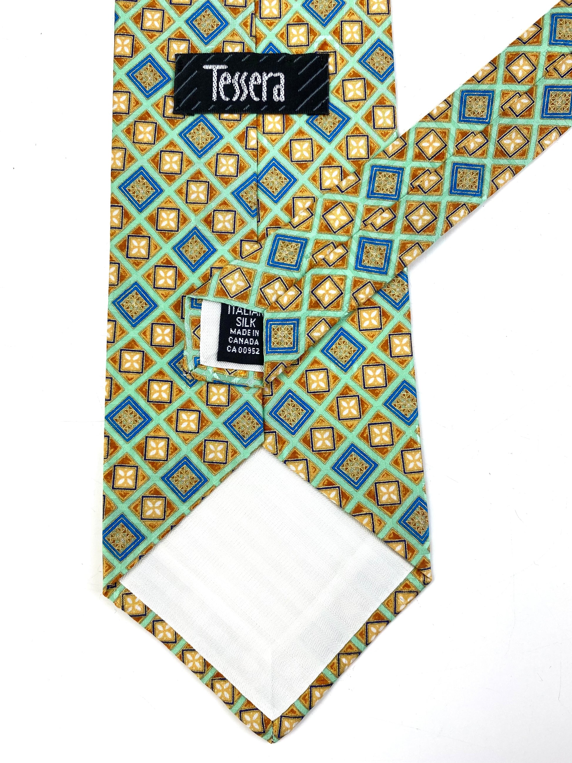 Back and labels of: 90s Deadstock Silk Necktie, Men's Vintage Green/ Blue/ Gold Geometric Check Pattern Tie, NOS