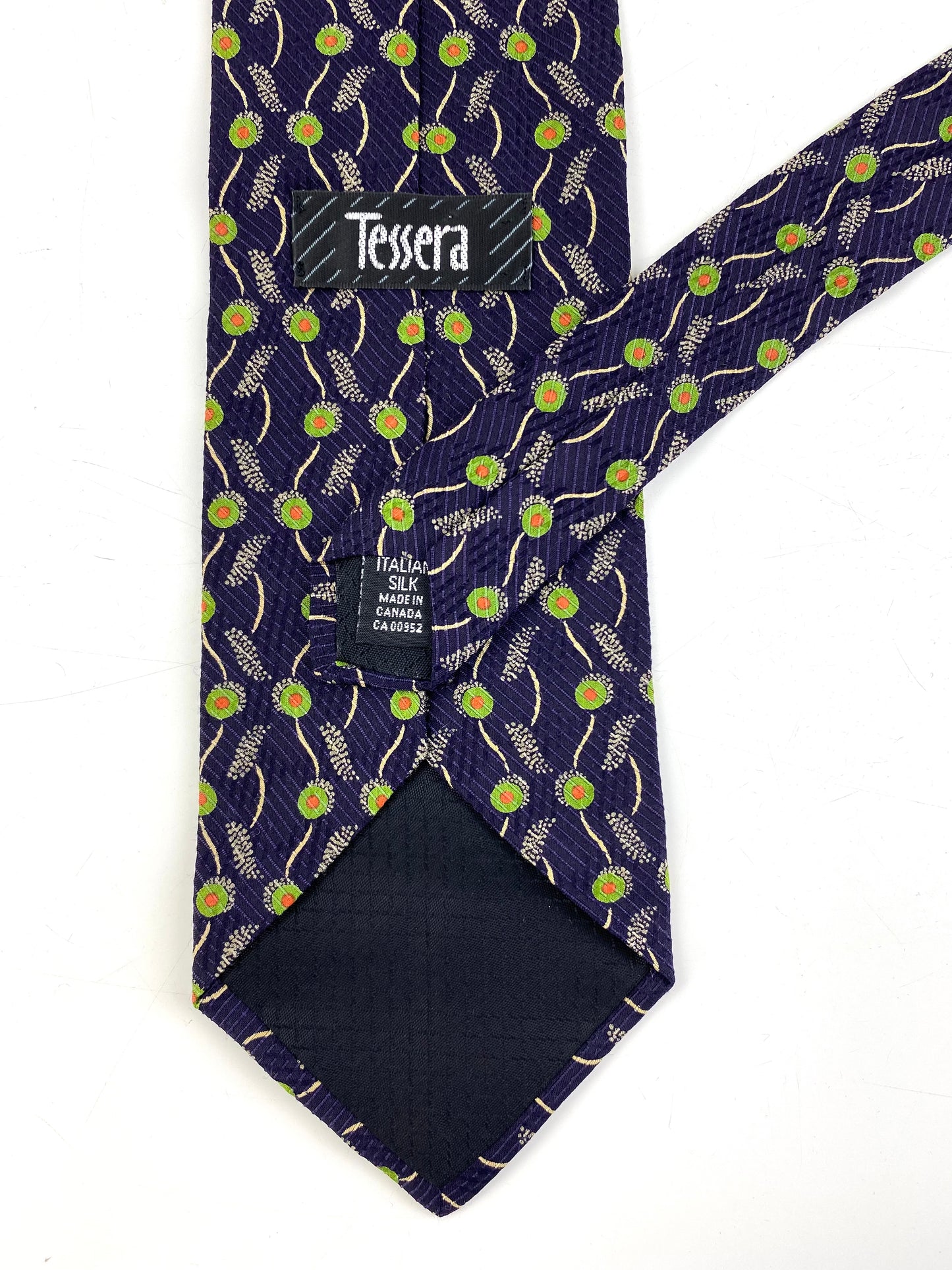 Back and labels of: 90s Deadstock Silk Necktie, Men's Vintage Green/ Navy Abstract Pattern Tie, NOS