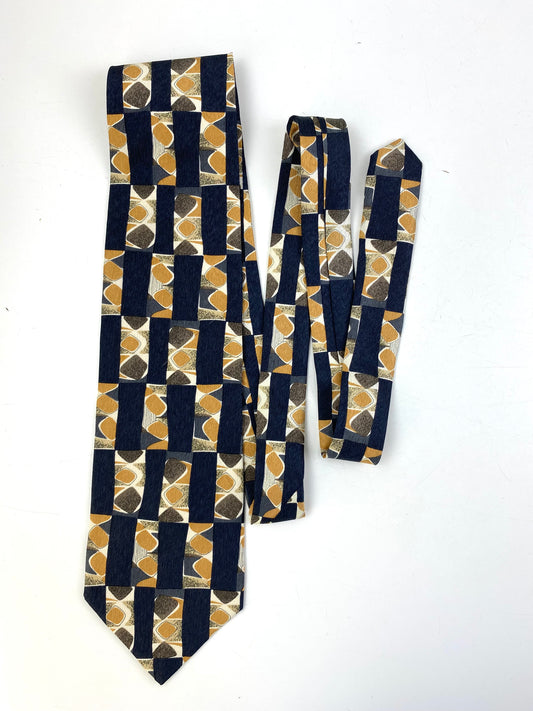 Front of: 90s Deadstock Silk Necktie, Men's Vintage Grey/Navy/Yellow Abstract Pattern Tie, NOS