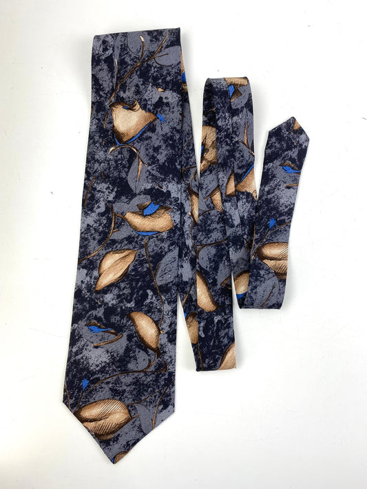 Front of: 90s Deadstock Silk Necktie, Men's Vintage Grey/ Blue Botanical Pattern Tie, NOS