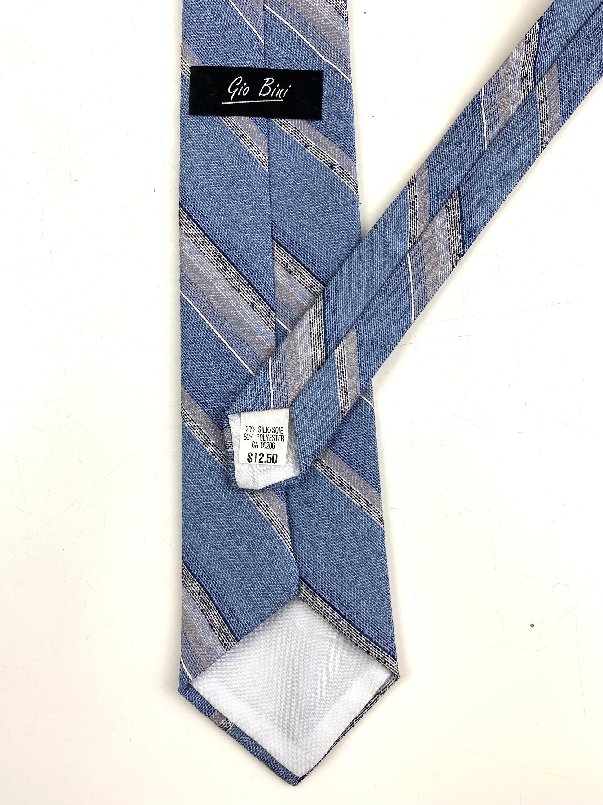 Back and labels of: 80s Deadstock Necktie, Men's Vintage Blue Grey Diagonal Stripe Tie, NOS