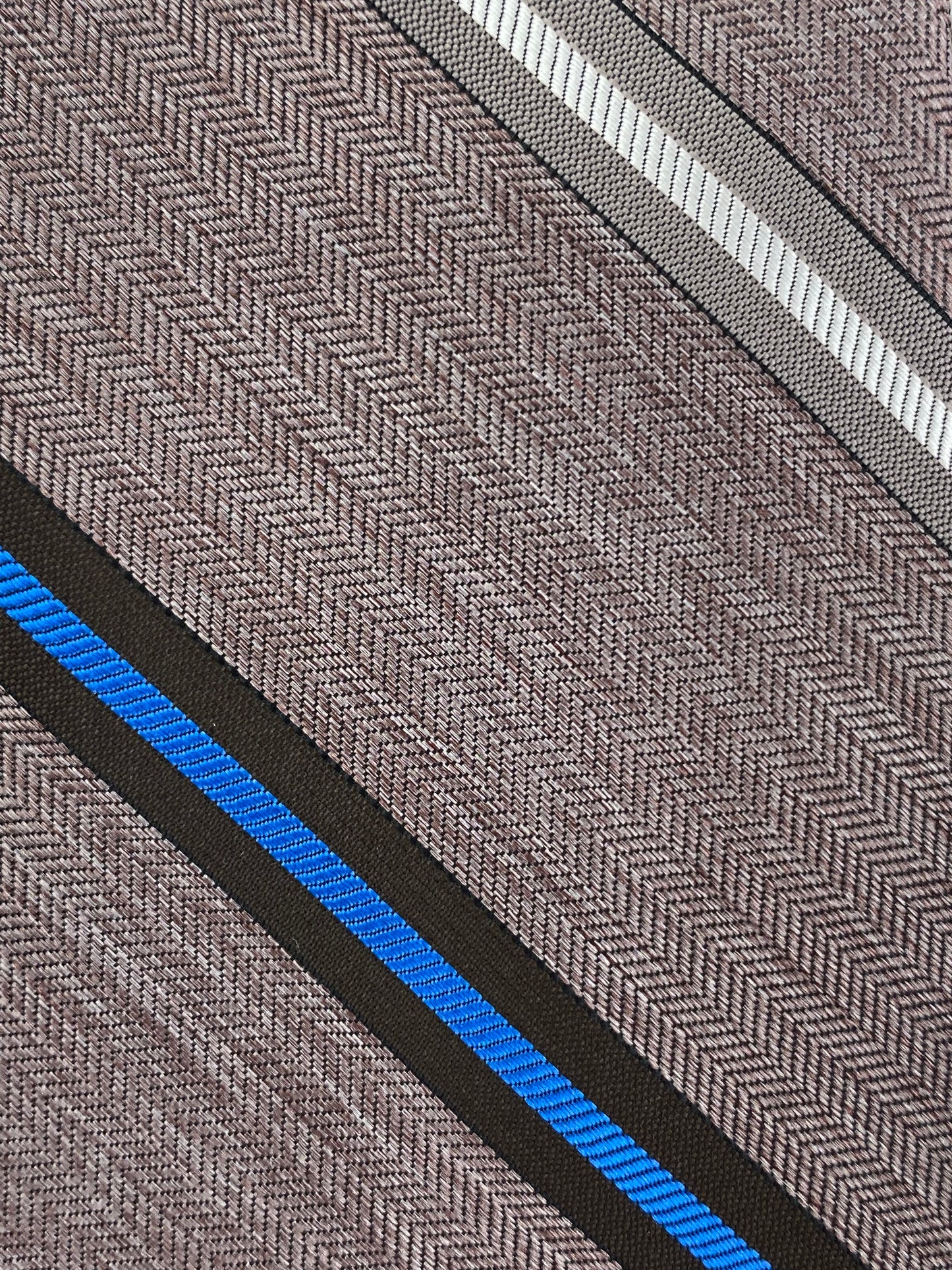 Close-up of: 80s Deadstock Necktie, Men's Vintage Blue/ Brown Diagonal Stripe Tie, NOS