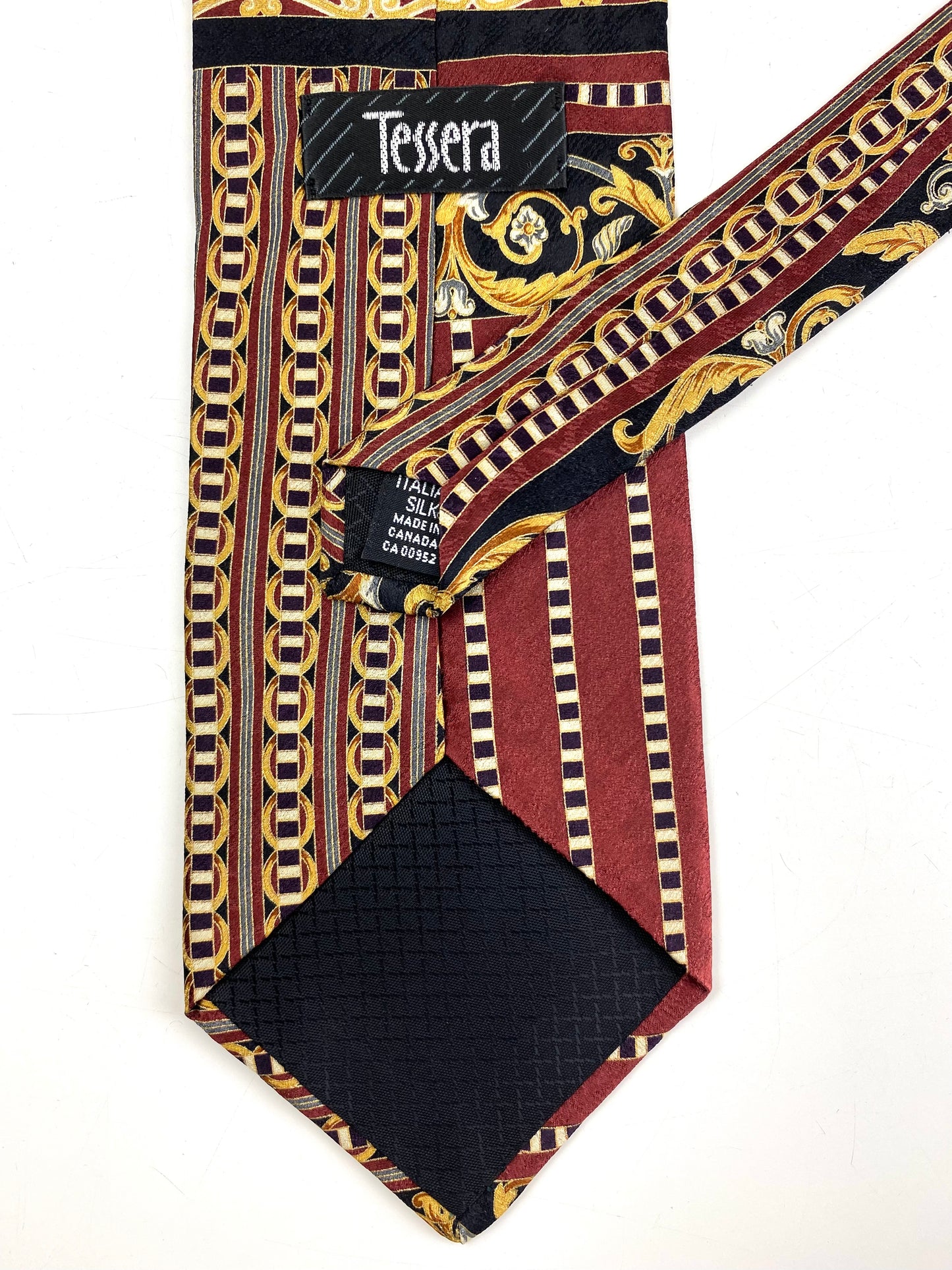 Back and labels of: 90s Deadstock Silk Necktie, Men's Vintage Wine/ Gold Art Deco Filigree Pattern Tie, NOS