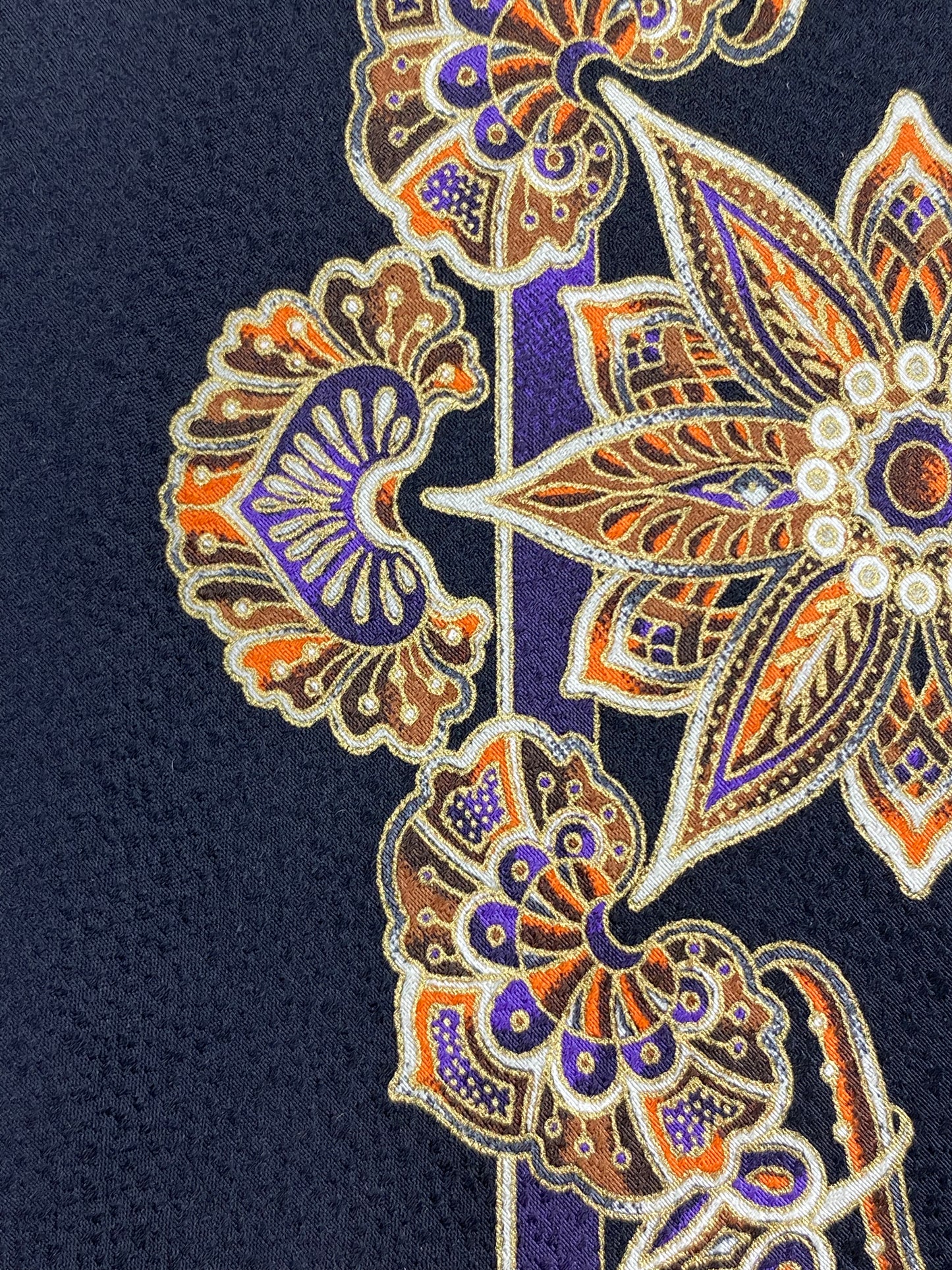 Close-up of: 90s Deadstock Silk Necktie, Men's Vintage Purple/ Gold Floral Oriental Pattern Tie, NOS
