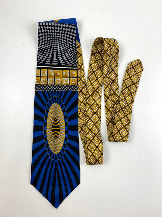 Front of: 90s Deadstock Silk Necktie, Men's Vintage Blue/ Gold Art Deco Print Tie, NOS