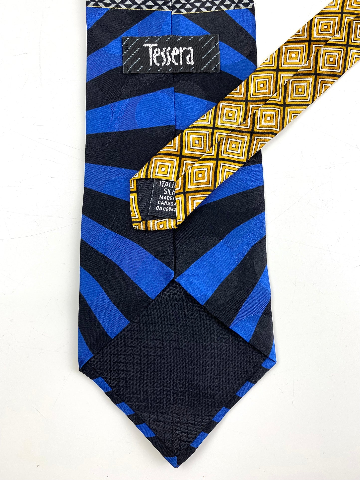 Back and labels of: 90s Deadstock Silk Necktie, Men's Vintage Blue/ Gold Art Deco Print Tie, NOS