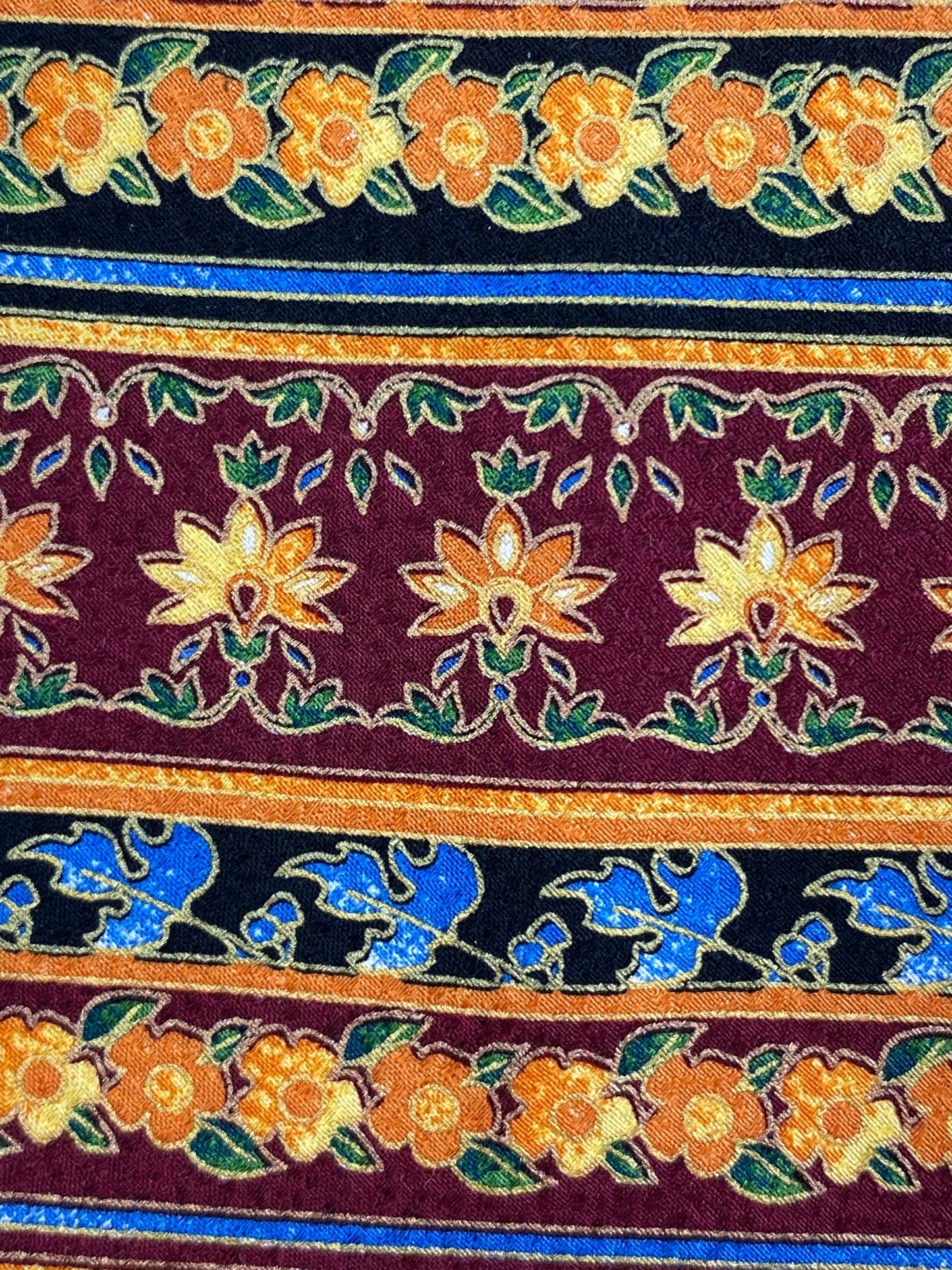 Close-up detail of: 90s Deadstock Silk Necktie, Men's Vintage Orange/ Maroon/ Blue Floral Horizontal Stripe Pattern Tie, NOS