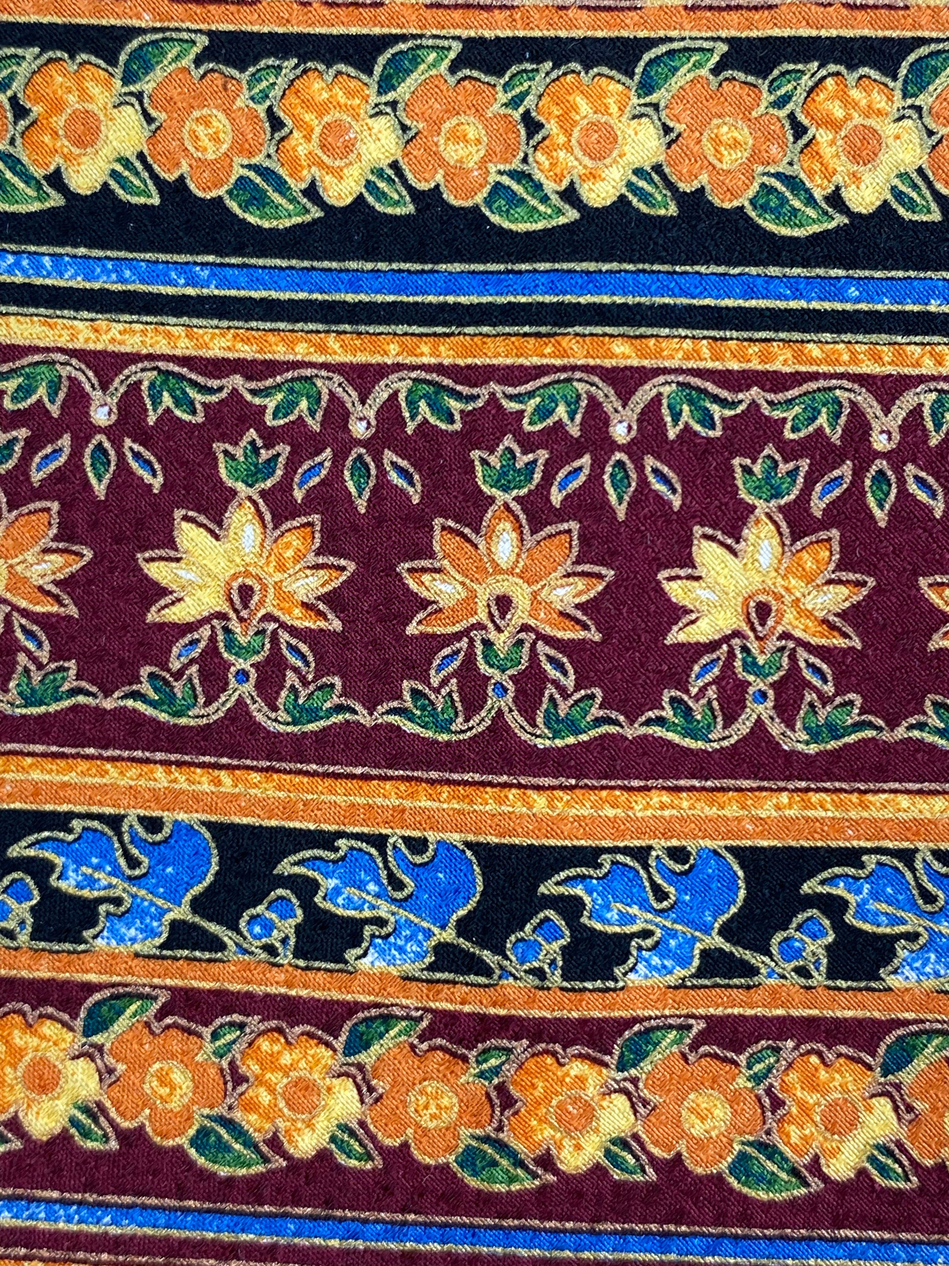 Close-up detail of: 90s Deadstock Silk Necktie, Men's Vintage Orange/ Maroon/ Blue Floral Horizontal Stripe Pattern Tie, NOS