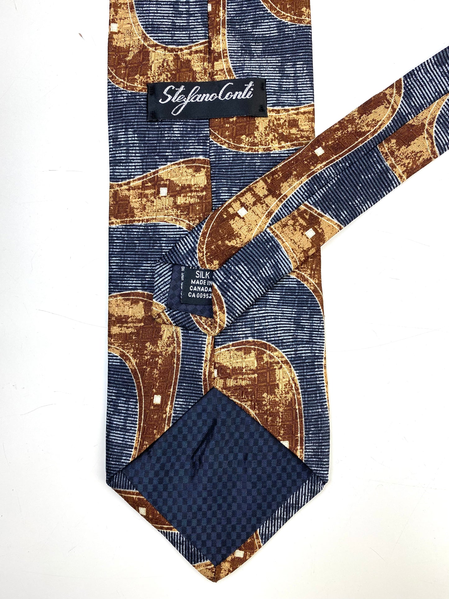 Back and labels of: 90s Deadstock Silk Necktie, Men's Vintage Brown/ Grey Abstract Wave Pattern Tie, NOS