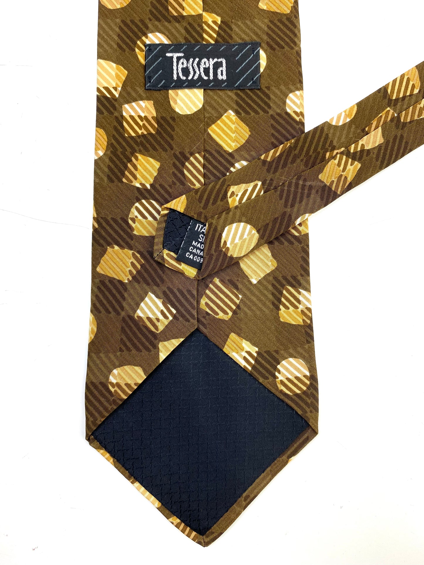Back and labels of: 90s Deadstock Silk Necktie, Men's Vintage Brown Circles & Squares Check Pattern Tie, NOS