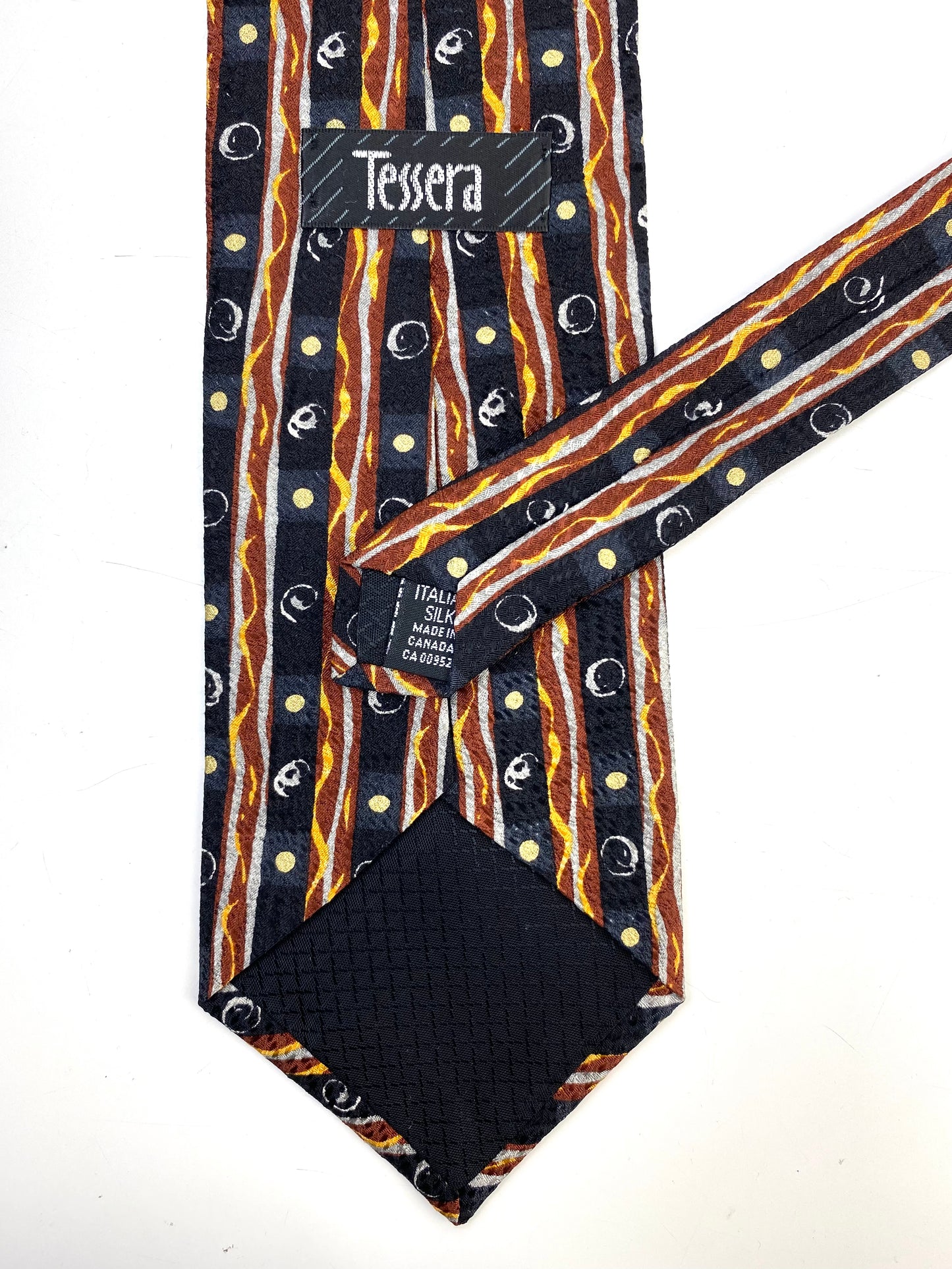 Back and labels of: 90s Deadstock Silk Necktie, Men's Vintage Black/ Brown Abstract Pattern Tie, NOS