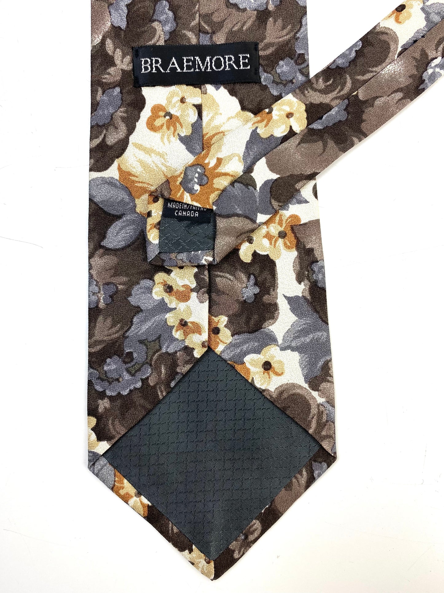 Back and labels of: 90s Deadstock Silk Necktie, Men's Vintage Brown/ Grey Floral Pattern Tie, NOS