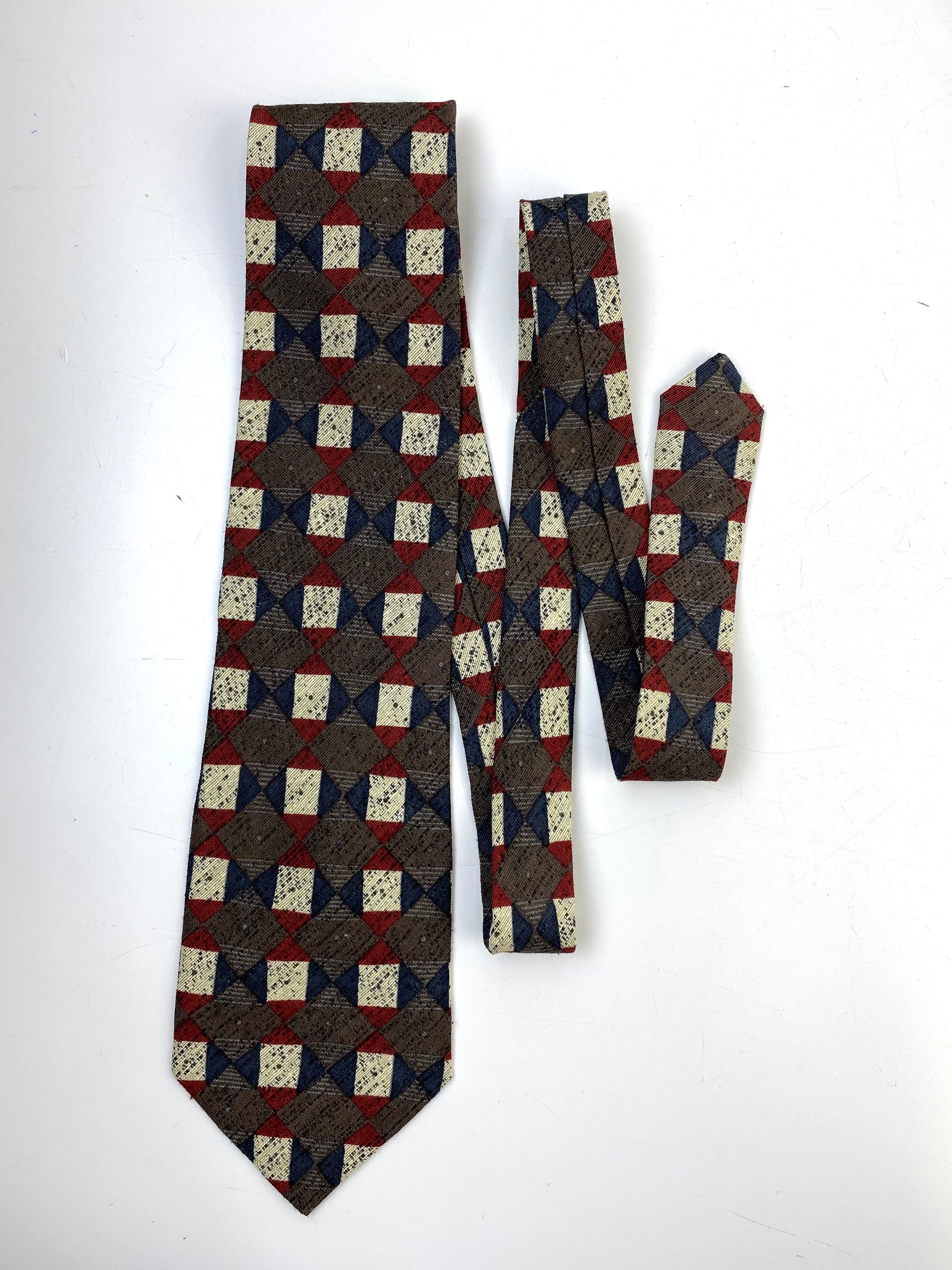 Front of: 90s Deadstock Silk Necktie, Men's Vintage Taupe/ Red/ Blue Check Pattern Tie, NOS