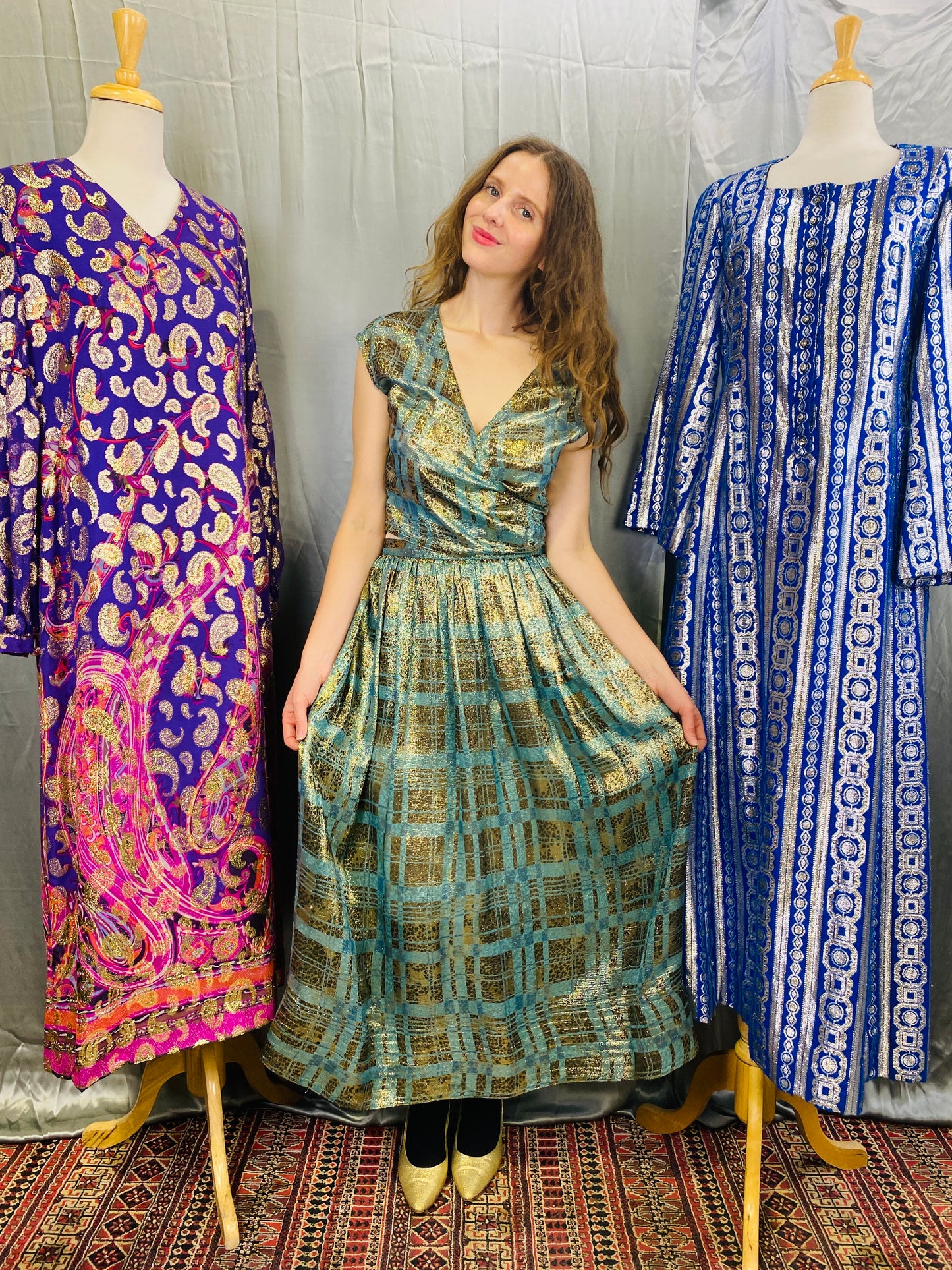 Vintage 70s/80s Geoffrey Beene Teal Metallic Silk Wrap Top & Skirt Set, B34