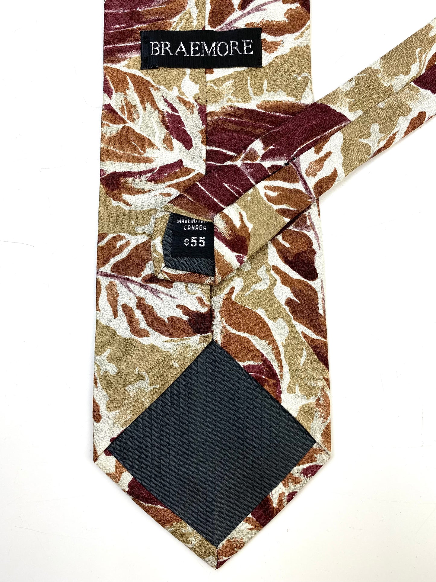 Back and labels of: 90s Deadstock Silk Necktie, Men's Vintage Taupe/ Plum Leaf Pattern Tie, NOS