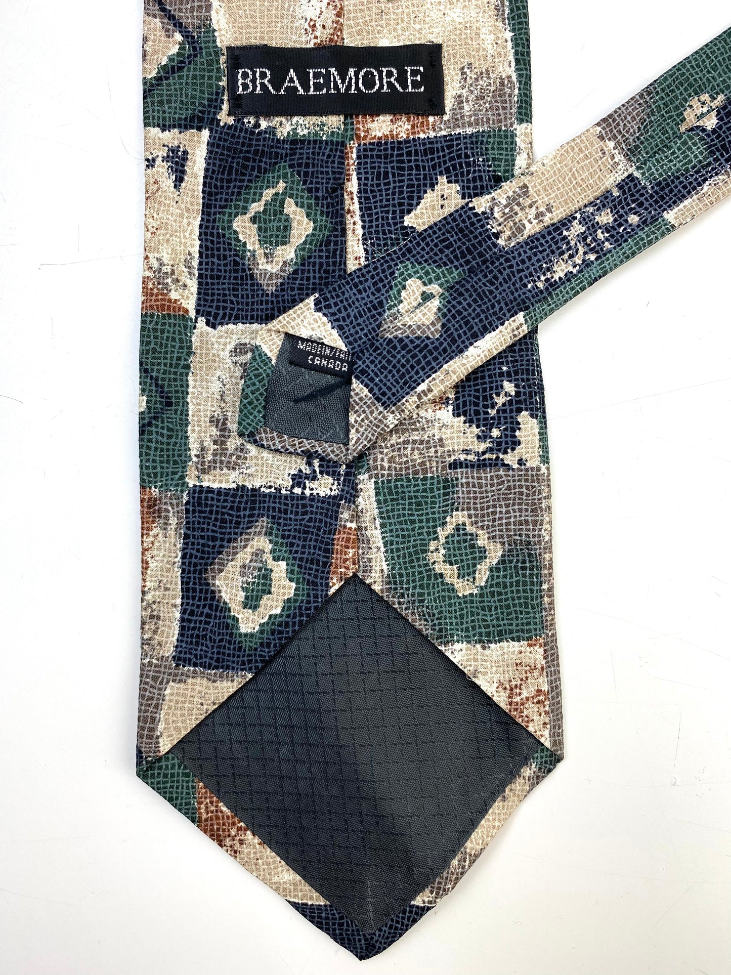 Back and labels of: 90s Deadstock Silk Necktie, Men's Vintage Taupe/ Blue/ Green Abstract Geometric Pattern Tie, NOS