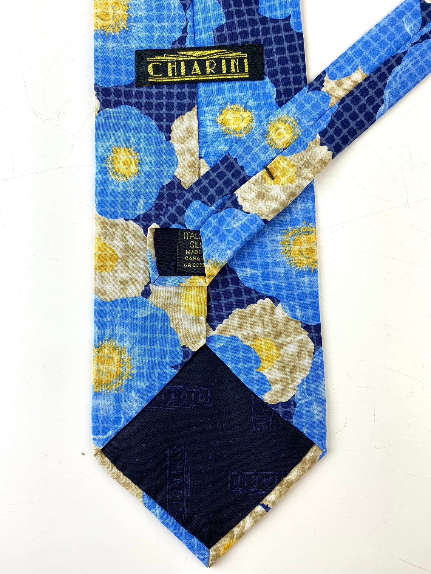 90s Deadstock Silk Necktie, Men's Vintage Blue/ Yellow Wild Rose Pattern Tie, NOS