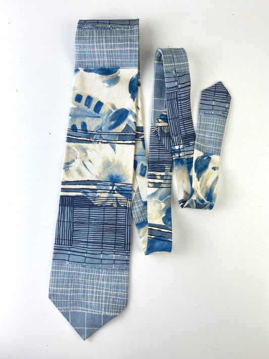 90s Deadstock Silk Necktie, Men's Vintage Blue/ Cream Abstract Pattern Tie, NOS