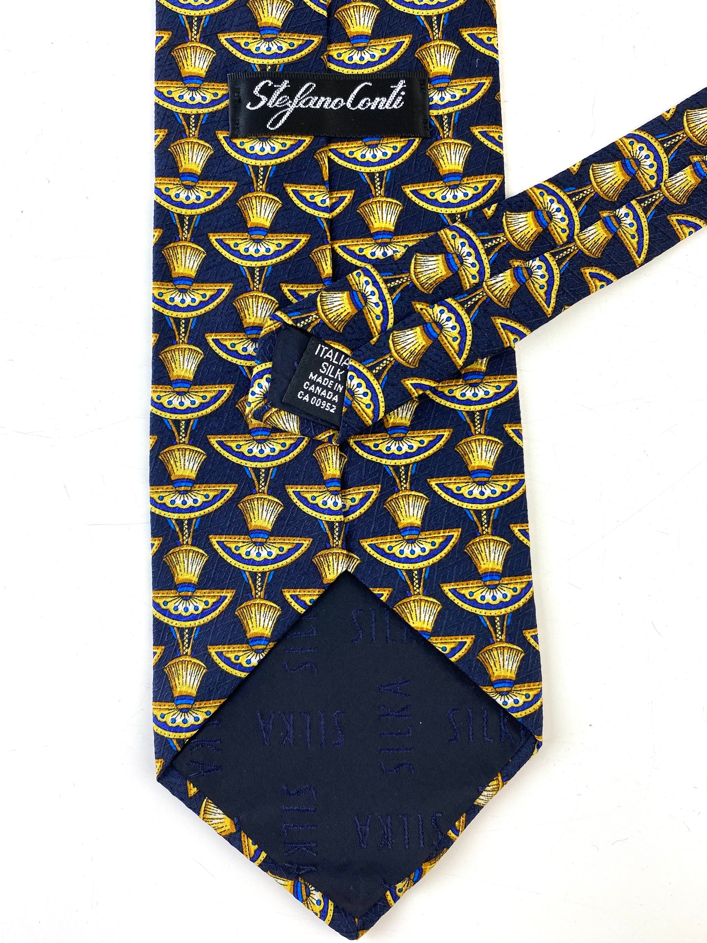 90s Deadstock Silk Necktie, Men's Vintage Blue Gold Art Deco Pattern, NOS