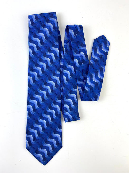 Front of: 90s Deadstock Silk Necktie, Men's Vintage Blue Wave Pattern Tie, NOS