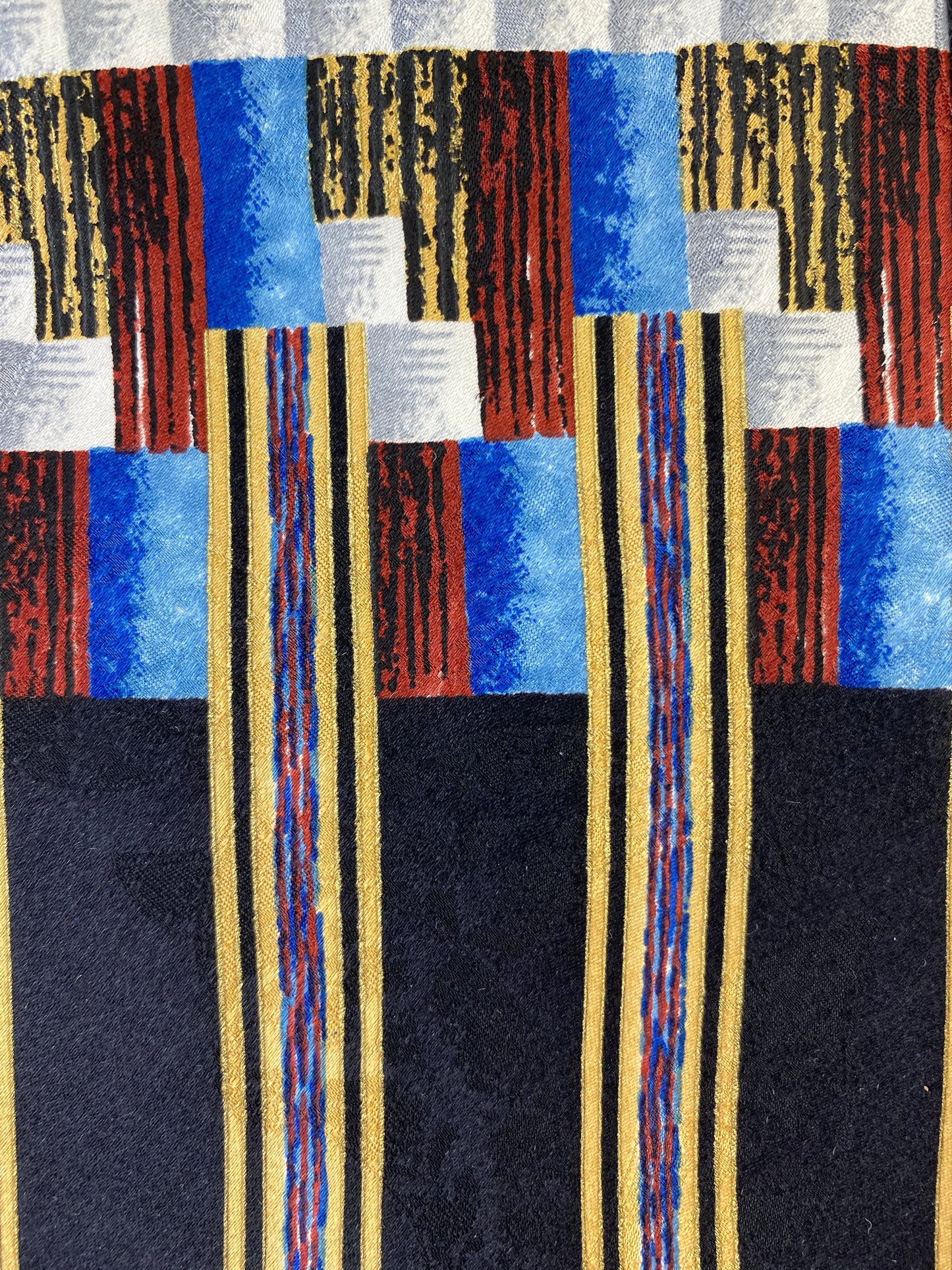 Close-up Detail of: 90s Deadstock Silk Necktie, Men's Vintage Black/ Blue/ Gold/ Umber Geometric Pattern Tie, NOS