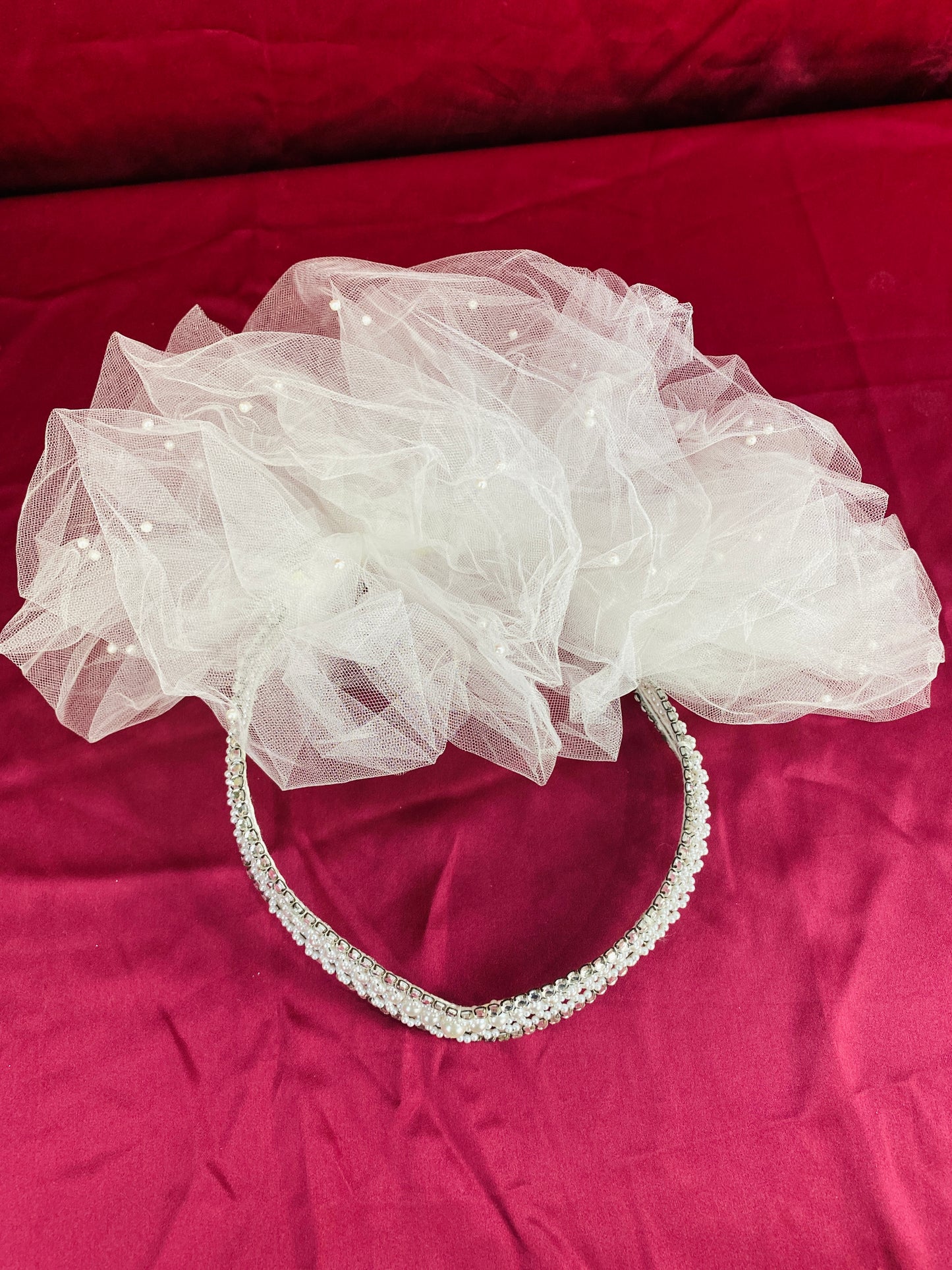 Vintage 80s/ 90s Diamanté & Pearl Bridal Diadem with Tulle Ruffle