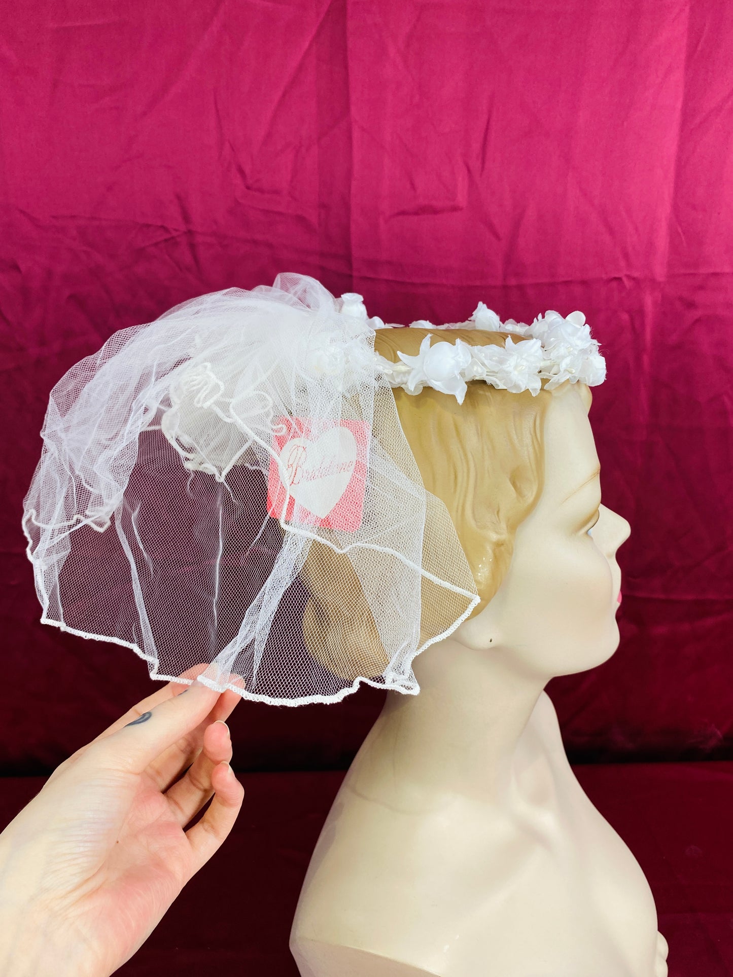Vintage 80s Deadstock Bridalane White Bridal Flower Crown with Short Tulle Veil