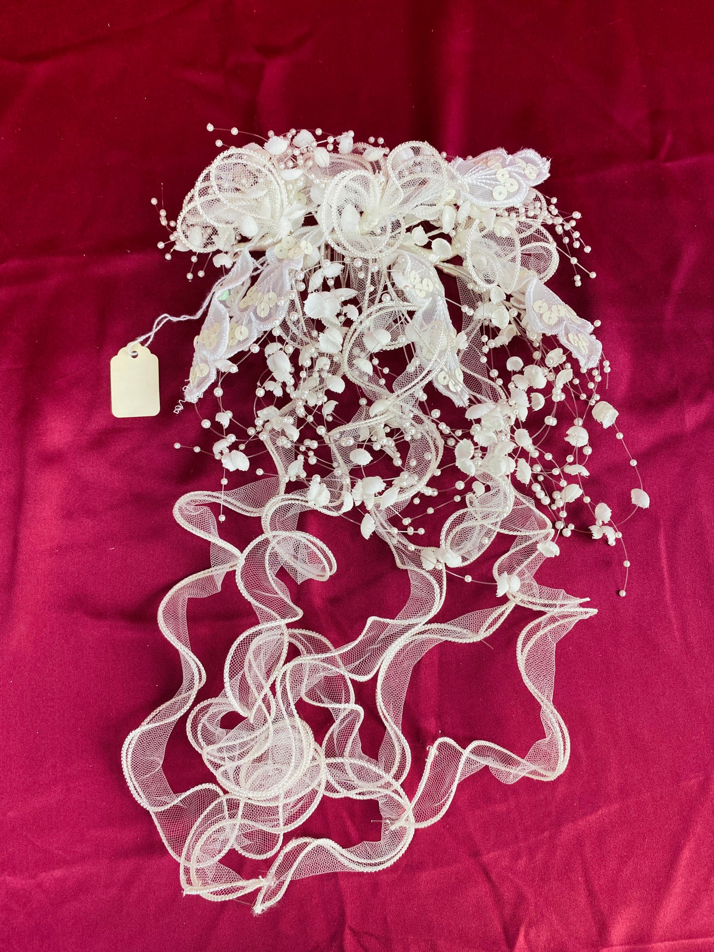 Vintage 80s/ 90s Pearl Spray Bridal Hair Comb with Tulle Spirals