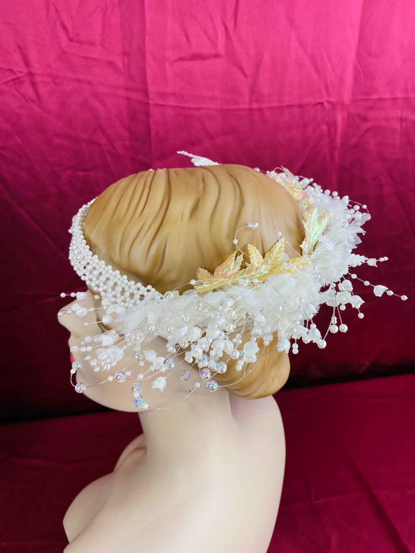Vintage 80s/90s Pearl Bridal Circlet Crown with Foliage
