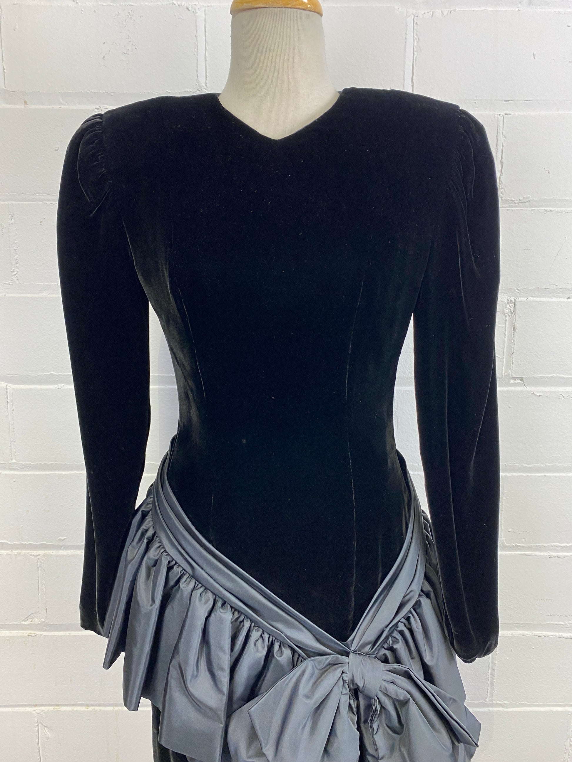 Vintage 1980s Black Long Sleeve Velvet Cocktail Dress with Taffeta Bow, Wayne Clark, Small
