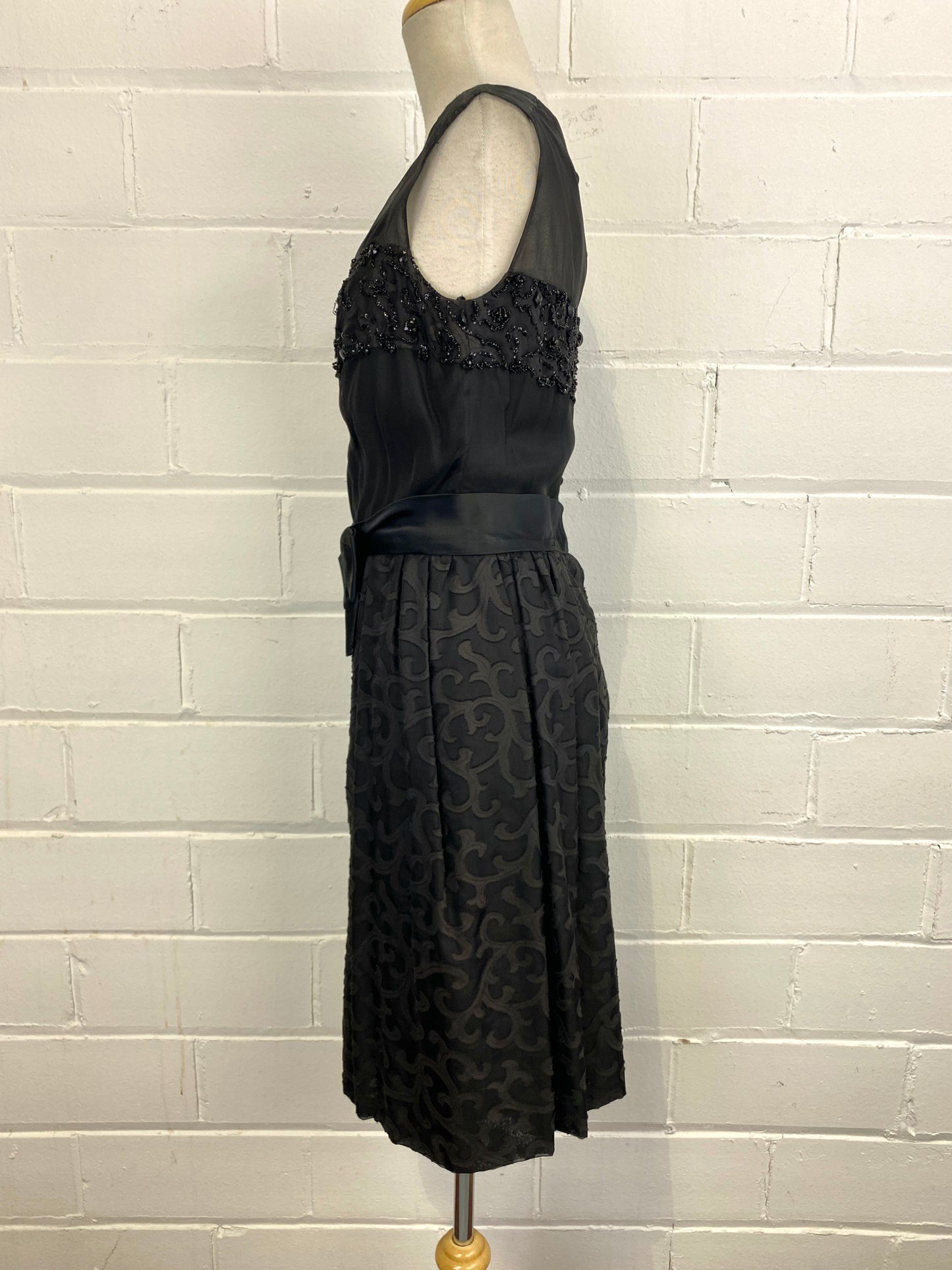 1960s beaded cocktail dress with brocade skirt, vintage black party dress by Ruth Boutique