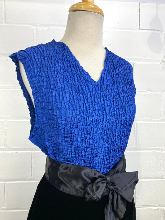 Vintage 1990s Royal Blue Stretchy Shirred Satin Sleeveless Top, L