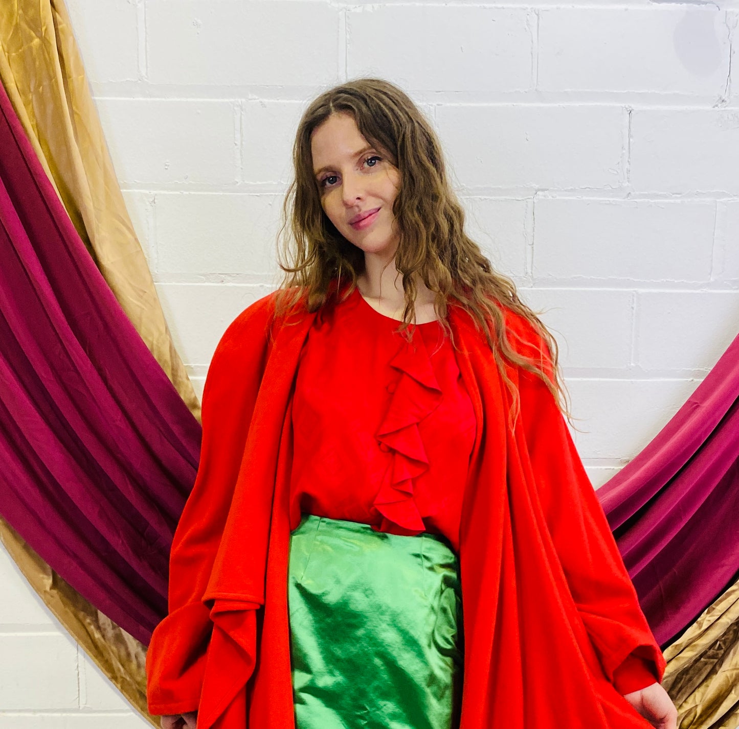 Vintage 1980s Deadstock Red Silk Long Sleeve Ruffle Blouse