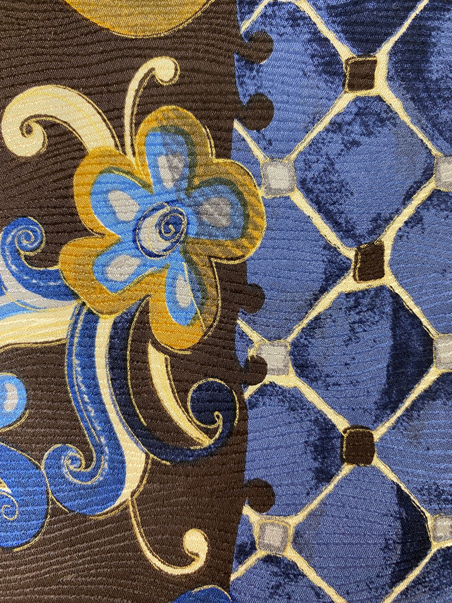 Close-up of: 90s Deadstock Silk Necktie, Men's Vintage Blue/ Brown/ Gold Oriental Print Tie, NOS