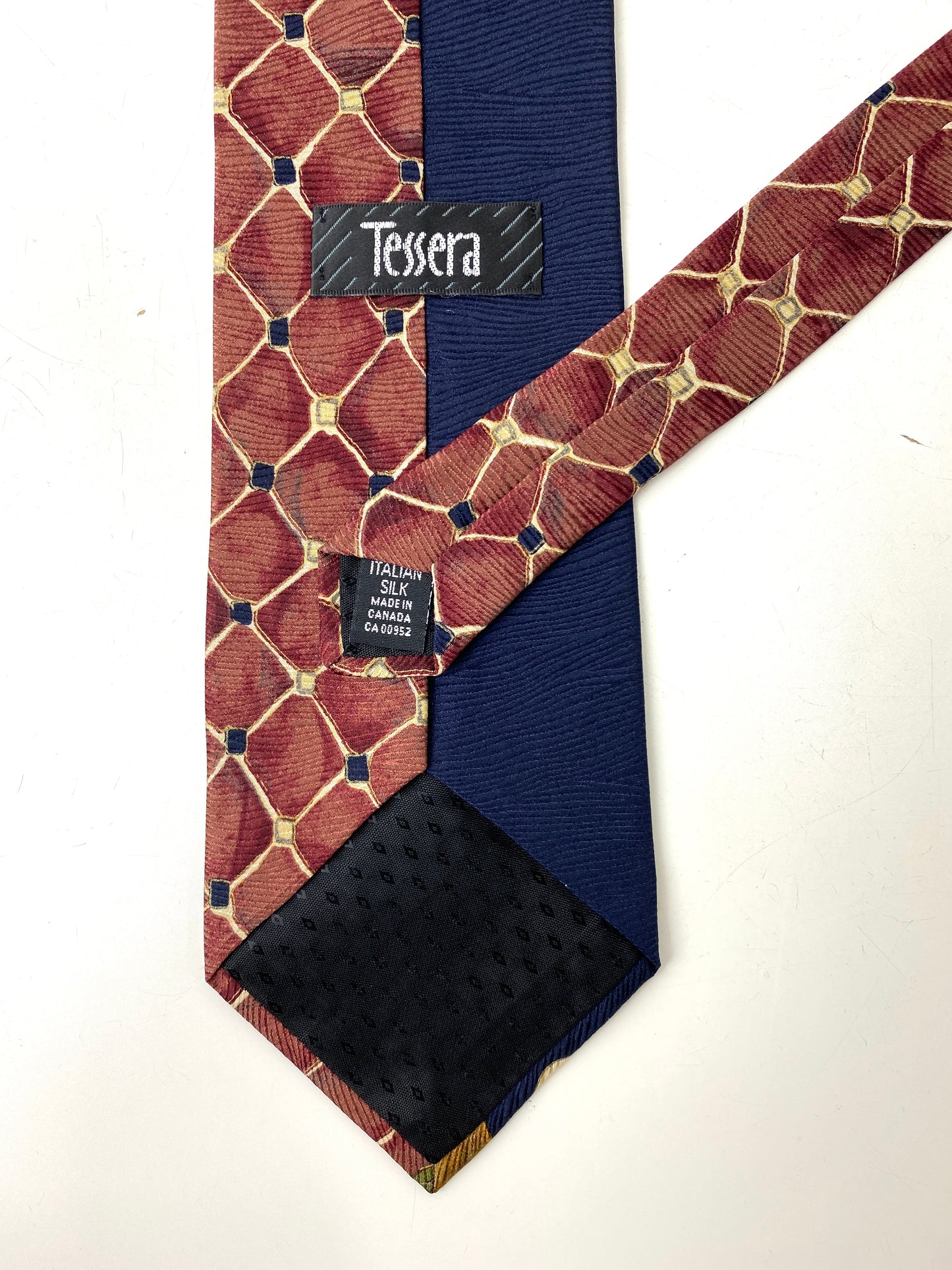 Back and labels of: 90s Deadstock Silk Necktie, Men's Vintage Navy/ Wine/ Gold Oriental Print Tie, NOS