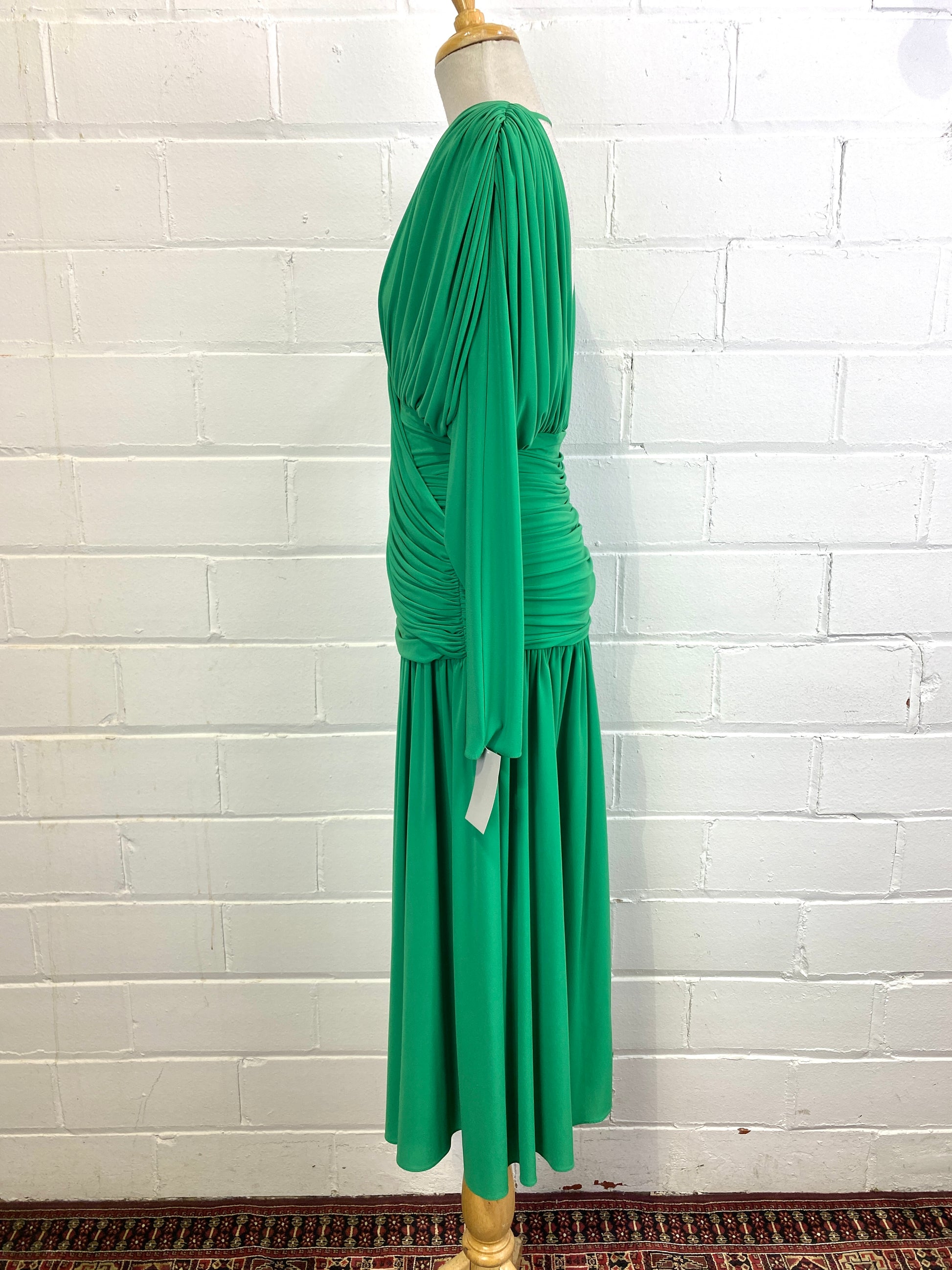 Vintage 1980s Kelly Green Ruched Jersey Dress, Medium 