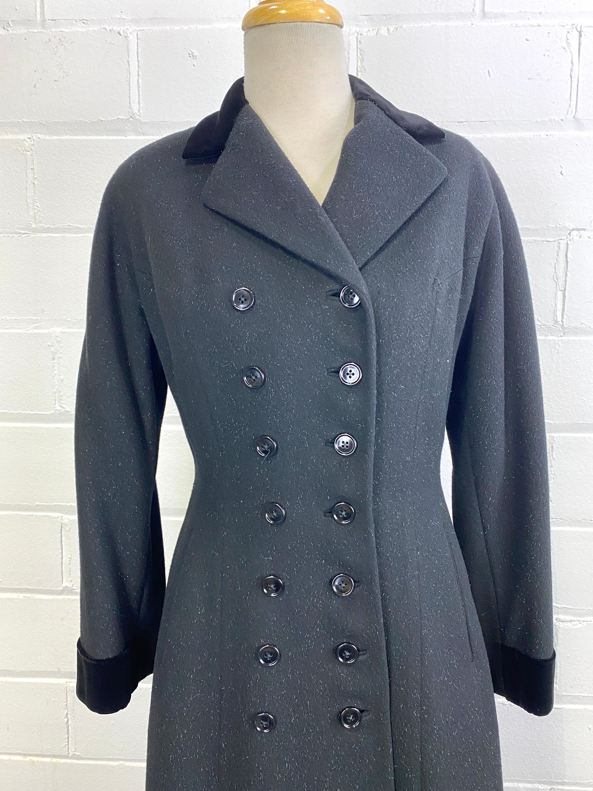Vintage 1950s Black Wool Military-Style Double Breast Coat, XS-S