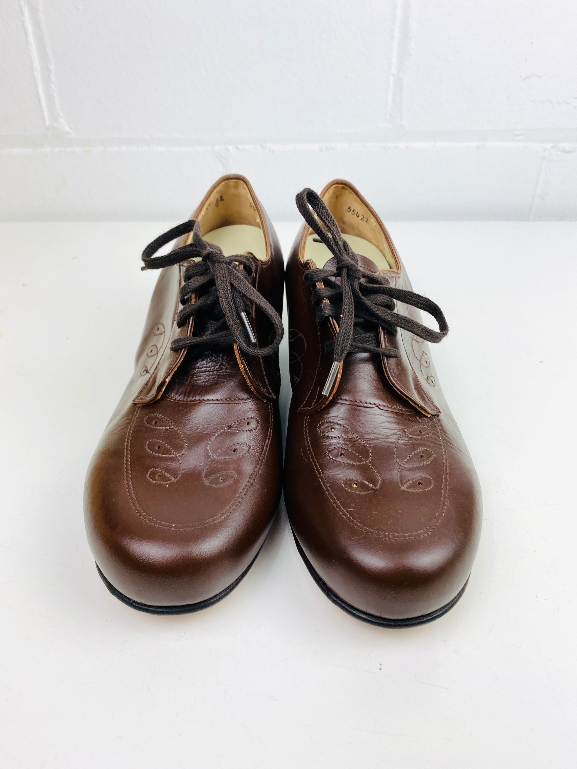Vintage Deadstock Shoes, Women's 1980s Brown Leather Oxford's, Cuban Heels, NOS