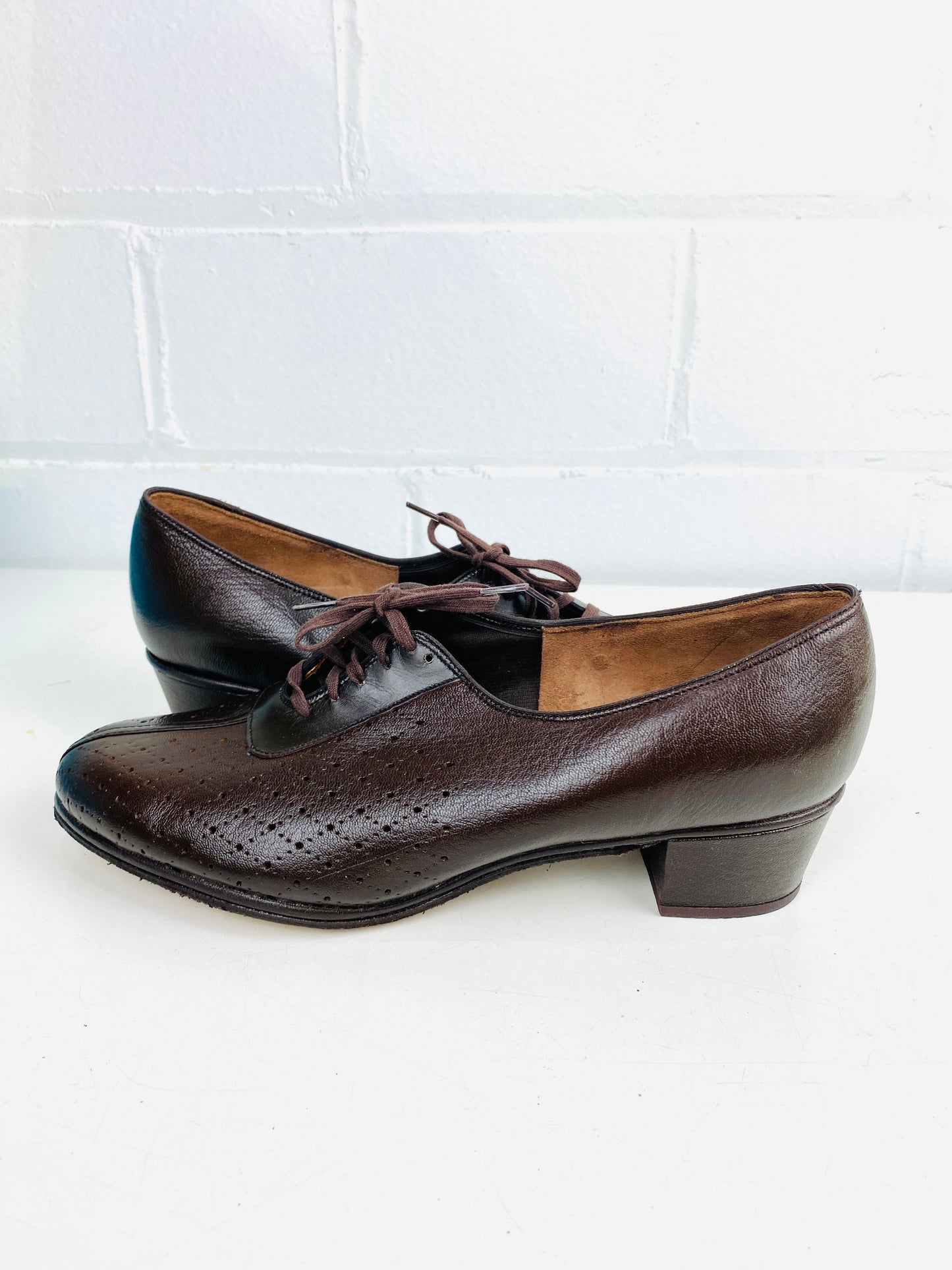 Vintage Deadstock Shoes, Women's 1980s Brown Leather Oxford's, Cuban Heels, NOS