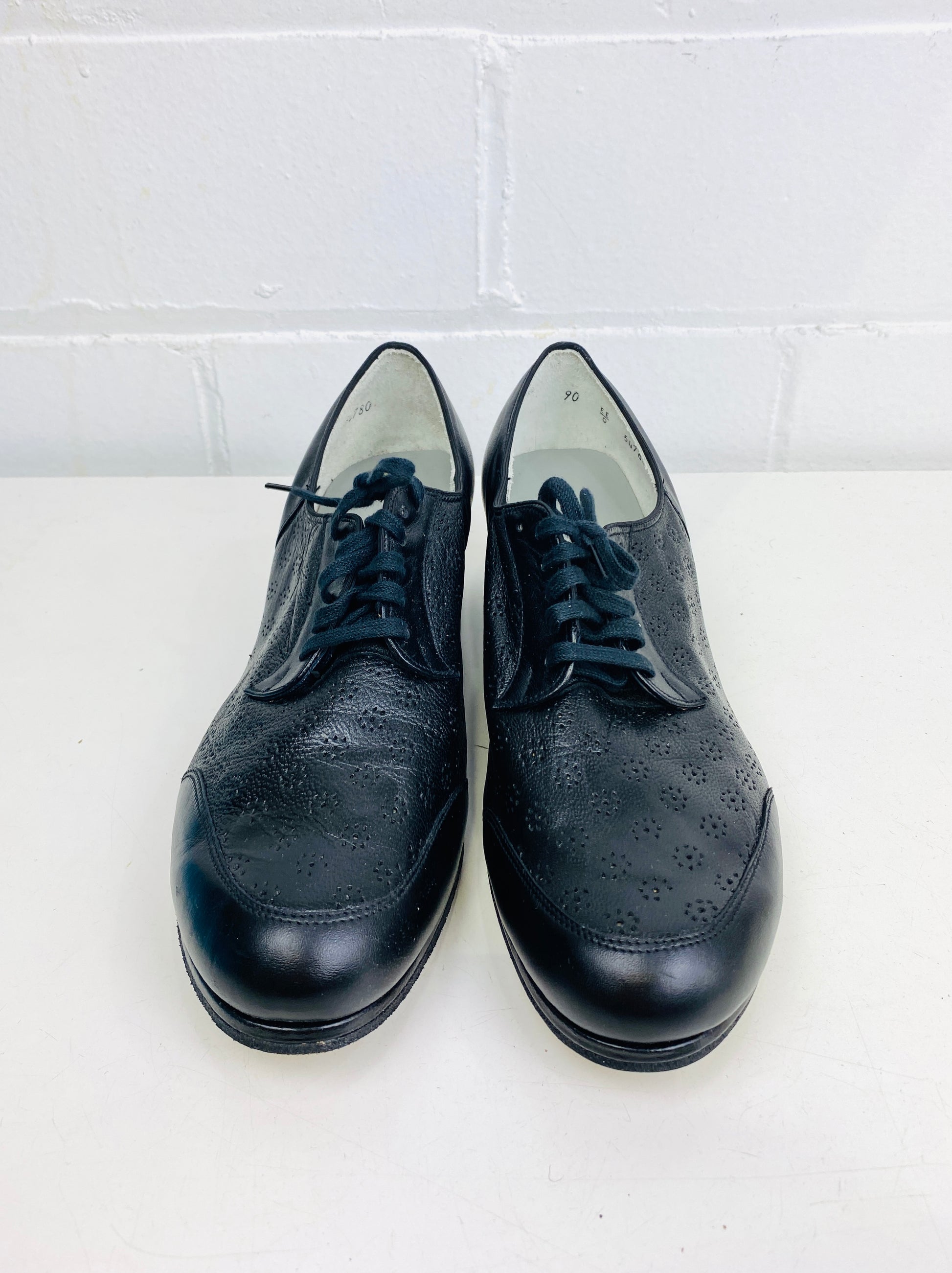 Vintage Deadstock Shoes, Women's 1980s Black Leather Cuban Heel Oxfords, NOS, 1616