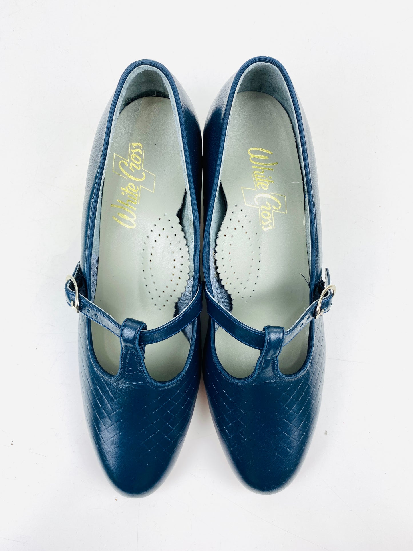 Vintage Deadstock Shoes, Women's 1980s Blue Leather Cuban Heel T-Strap Pump's, NOS