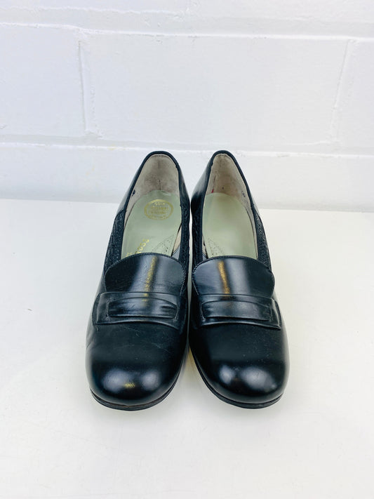 Vintage Deadstock Shoes, Women's 1980s Black Leather Cuban Heel Pumps, NOS, 5990