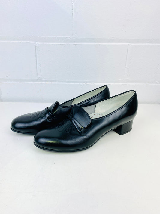 Vintage Deadstock Shoes, Women's 1980s Black Leather Cuban Heel Pumps, NOS, 7883