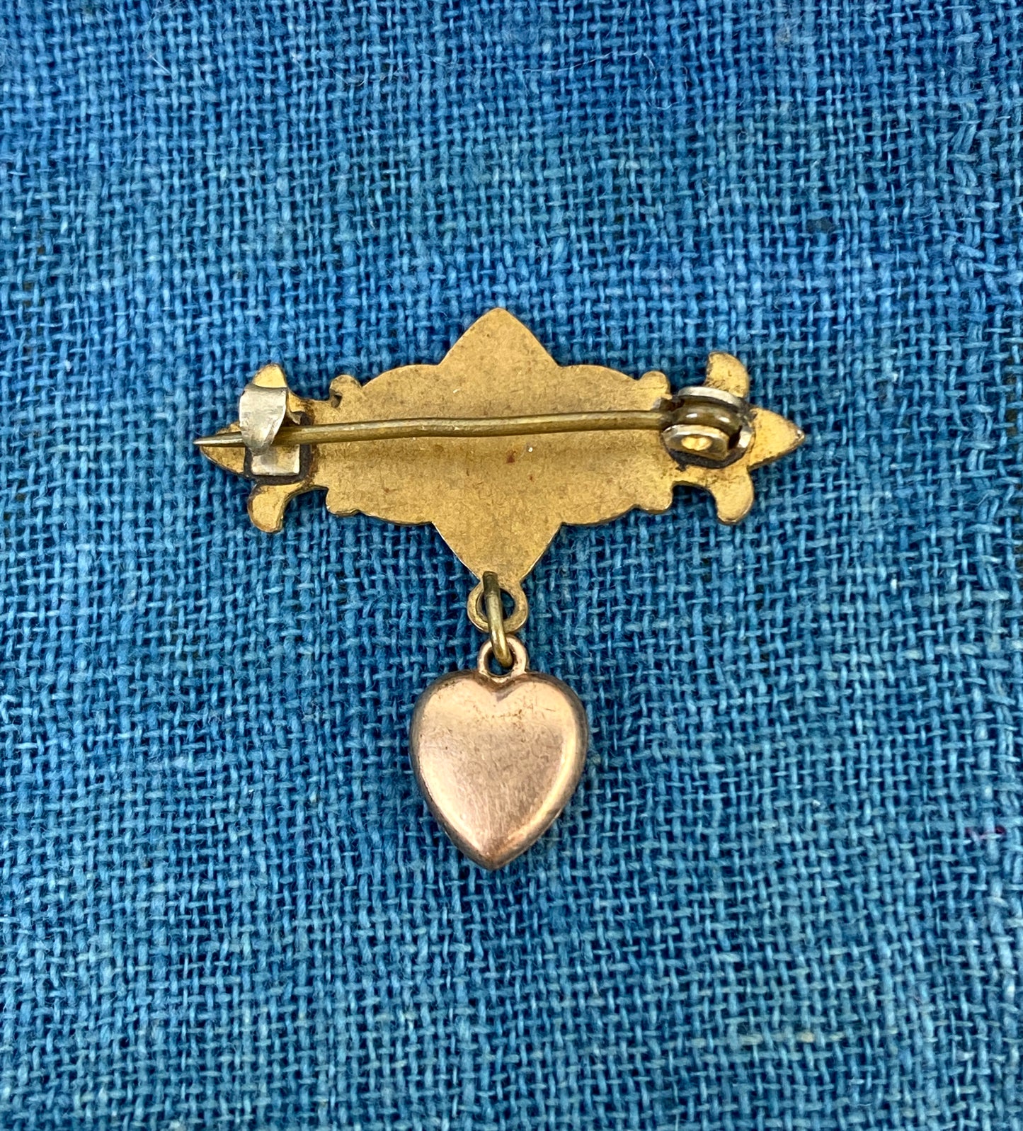 Antique Victorian Religious Brass Pin-Back Metal Brooch/ Bar Pin with Heart Dangle