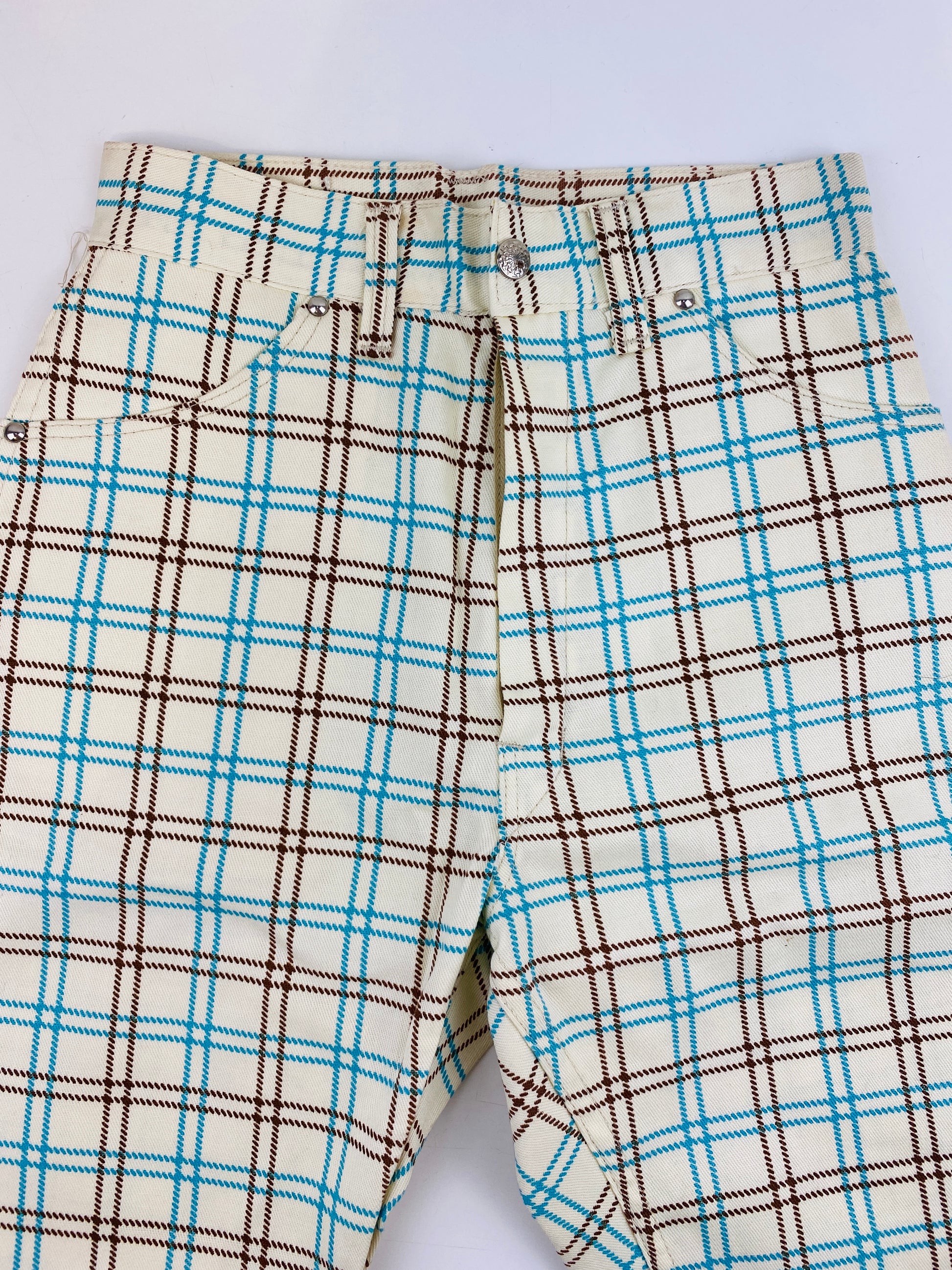 Vintage 1970s Deadstock Girls Jeans, Kids 'Big Yank' Cut-Off Jean Shorts, Blue Tattersall Plaid, NOS