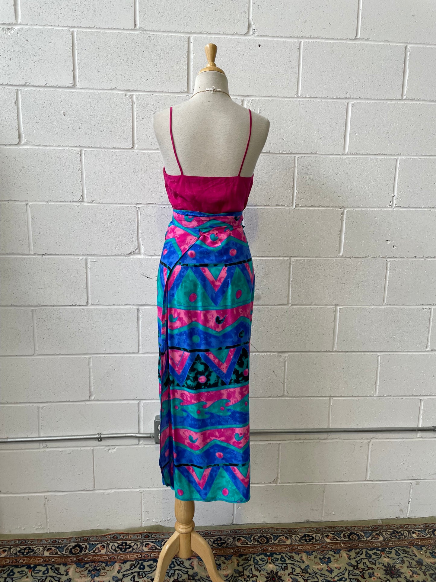 Vintage 1990s Blue Pink Abstract Print Wrap Skirt, Waist 30"
